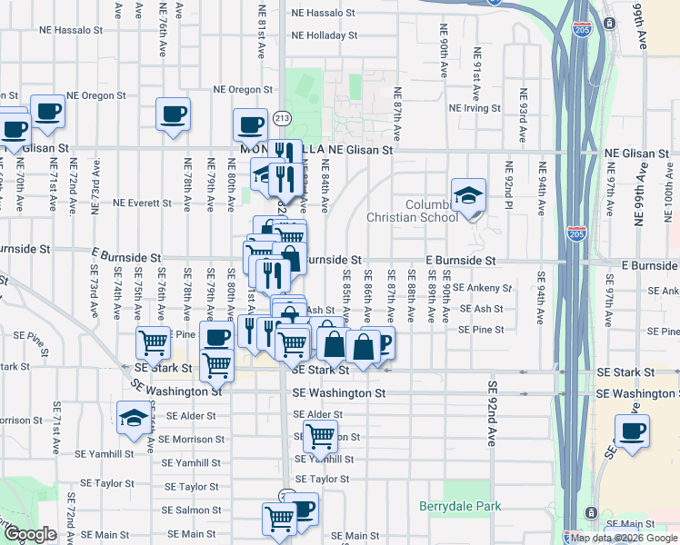 map of restaurants, bars, coffee shops, grocery stores, and more near 27 Southeast 85th Avenue in Portland