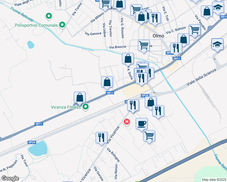 map of restaurants, bars, coffee shops, grocery stores, and more near Strada Statale 11 in Province of Vicenza