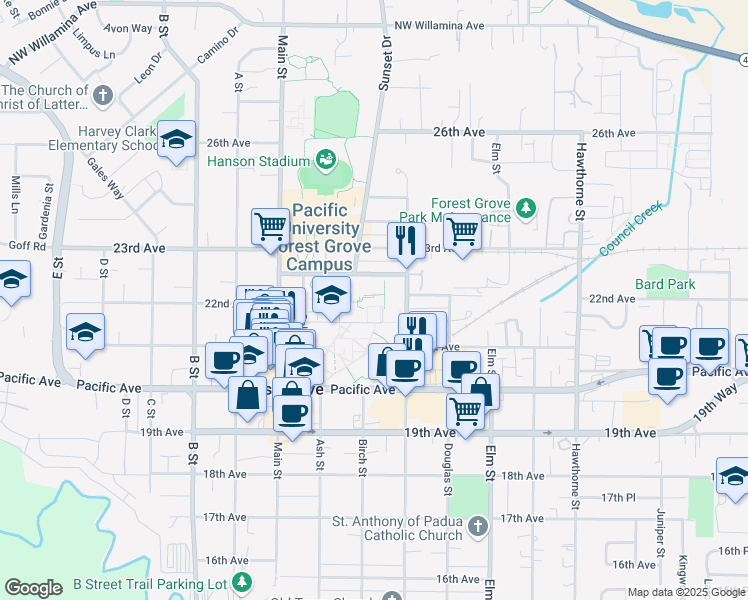 map of restaurants, bars, coffee shops, grocery stores, and more near 2164 Cedar Street in Forest Grove