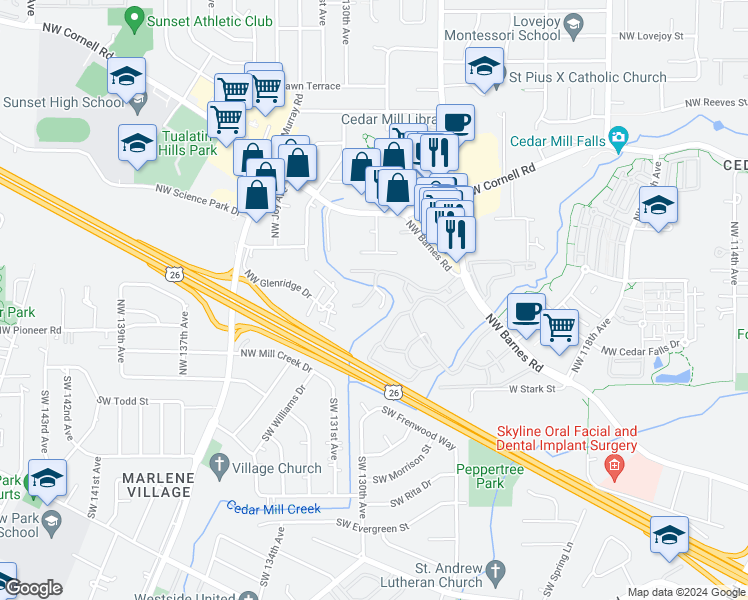 map of restaurants, bars, coffee shops, grocery stores, and more near 12612 Northwest Barnes Road in Portland