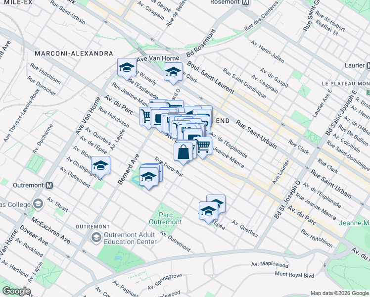 map of restaurants, bars, coffee shops, grocery stores, and more near 5578 Avenue du Parc in Montréal