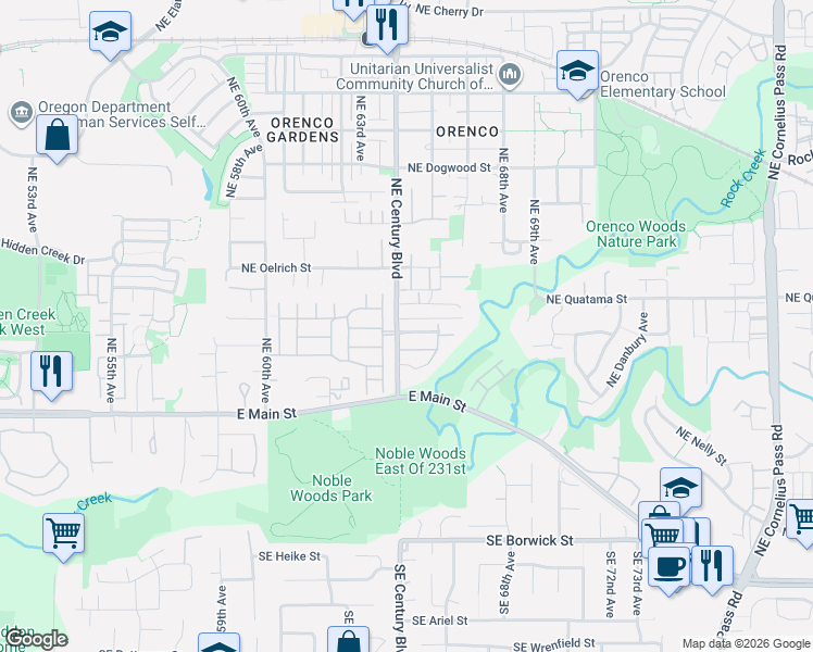 map of restaurants, bars, coffee shops, grocery stores, and more near 6509 Northeast Deer Run Street in Hillsboro