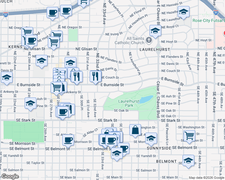 map of restaurants, bars, coffee shops, grocery stores, and more near 3315 Southeast Ankeny Street in Portland