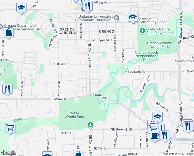 map of restaurants, bars, coffee shops, grocery stores, and more near 6573 Northeast Deer Run Street in Hillsboro
