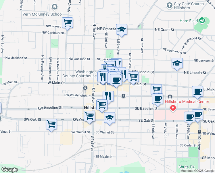 map of restaurants, bars, coffee shops, grocery stores, and more near in Hillsboro