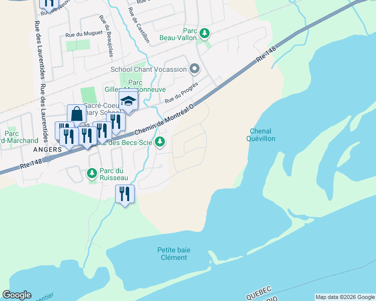 map of restaurants, bars, coffee shops, grocery stores, and more near 123 Rue Du Débusquage in Gatineau