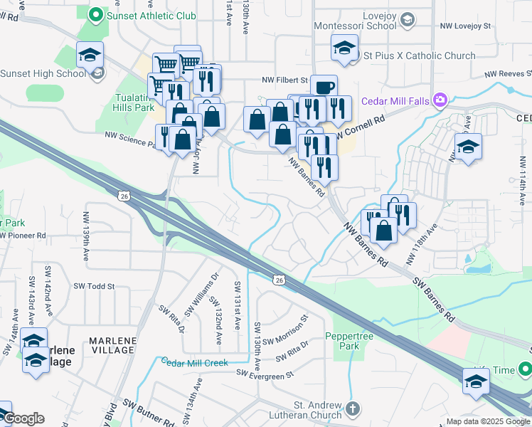 map of restaurants, bars, coffee shops, grocery stores, and more near 12612 Northwest Barnes Road in Portland