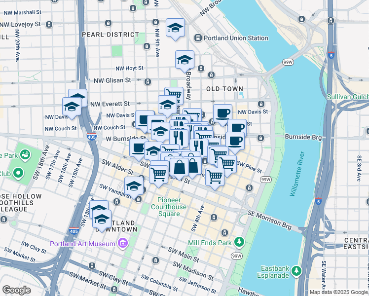 map of restaurants, bars, coffee shops, grocery stores, and more near 225 Southwest Broadway in Portland