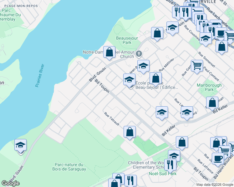 map of restaurants, bars, coffee shops, grocery stores, and more near 2725 Rue l'Heureux in Montréal