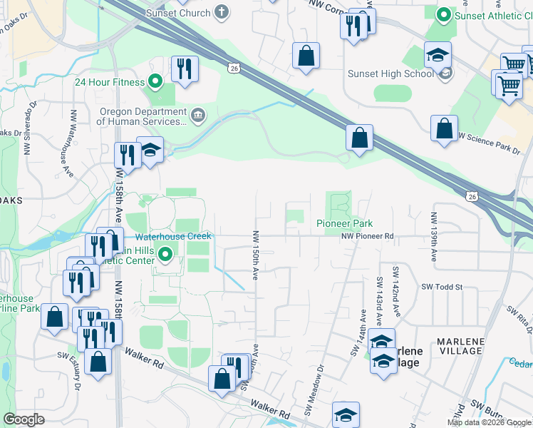 map of restaurants, bars, coffee shops, grocery stores, and more near 14981 Northwest Farmstead Court in Beaverton