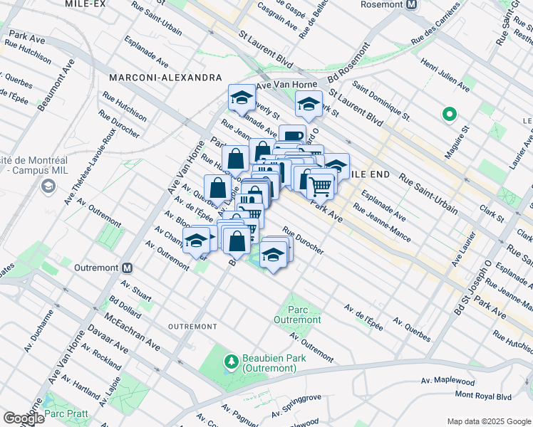 map of restaurants, bars, coffee shops, grocery stores, and more near 1050 Avenue Bernard in Montréal