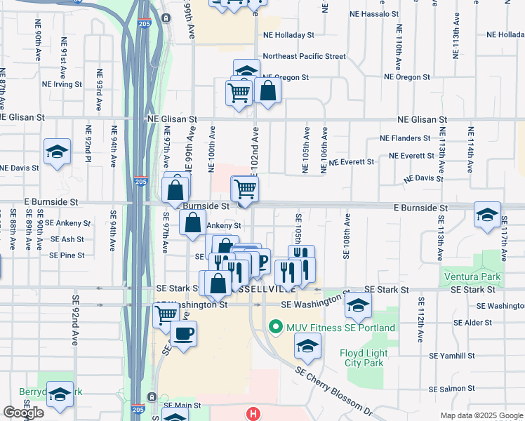 map of restaurants, bars, coffee shops, grocery stores, and more near 75 Southeast 103rd Avenue in Portland