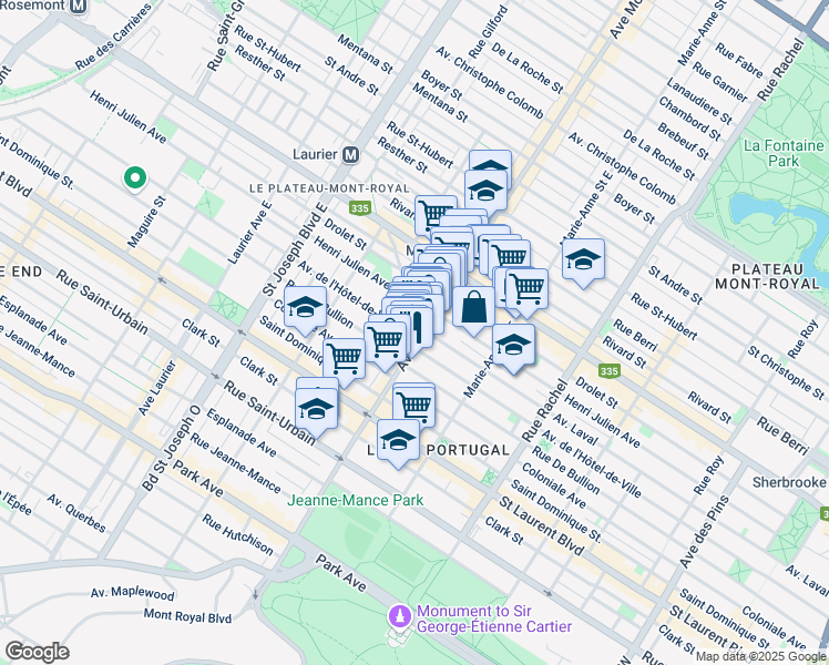 map of restaurants, bars, coffee shops, grocery stores, and more near 263 Avenue du Mont-Royal Est in Montréal