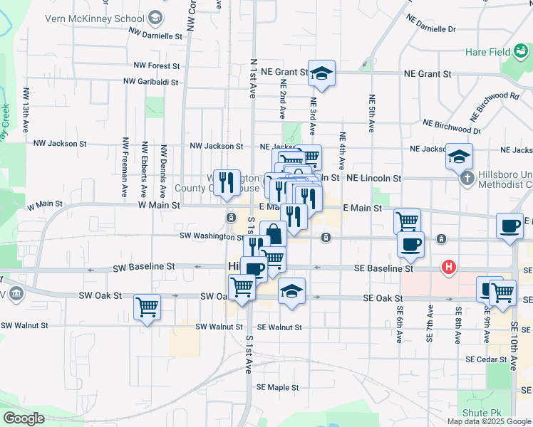 map of restaurants, bars, coffee shops, grocery stores, and more near 150 East Main Street in Hillsboro