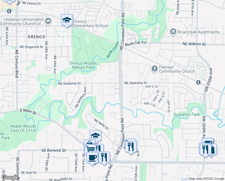 map of restaurants, bars, coffee shops, grocery stores, and more near 7615 Northeast Chesapeake Street in Hillsboro