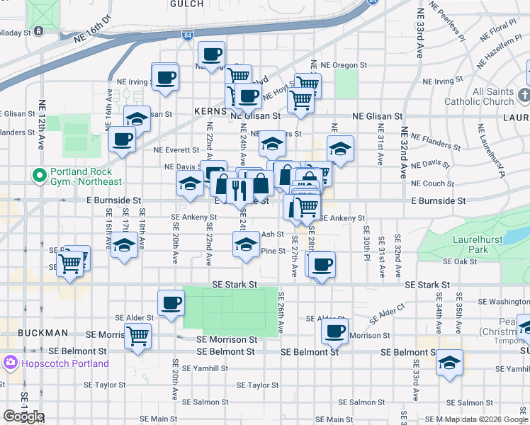 map of restaurants, bars, coffee shops, grocery stores, and more near 2531 Southeast Ankeny Street in Portland