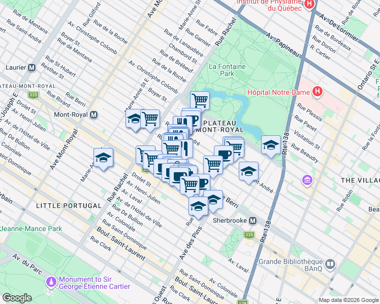 map of restaurants, bars, coffee shops, grocery stores, and more near 4001 Rue Saint-Hubert in Montréal