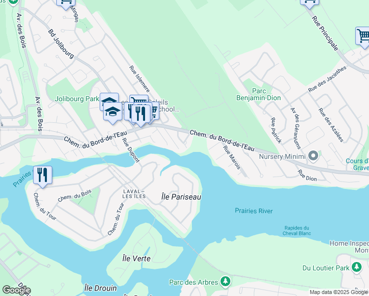 map of restaurants, bars, coffee shops, grocery stores, and more near 12 Rue Jardin Islemère in Laval