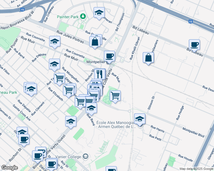 map of restaurants, bars, coffee shops, grocery stores, and more near 550 Boulevard de la Côte-Vertu in Montréal
