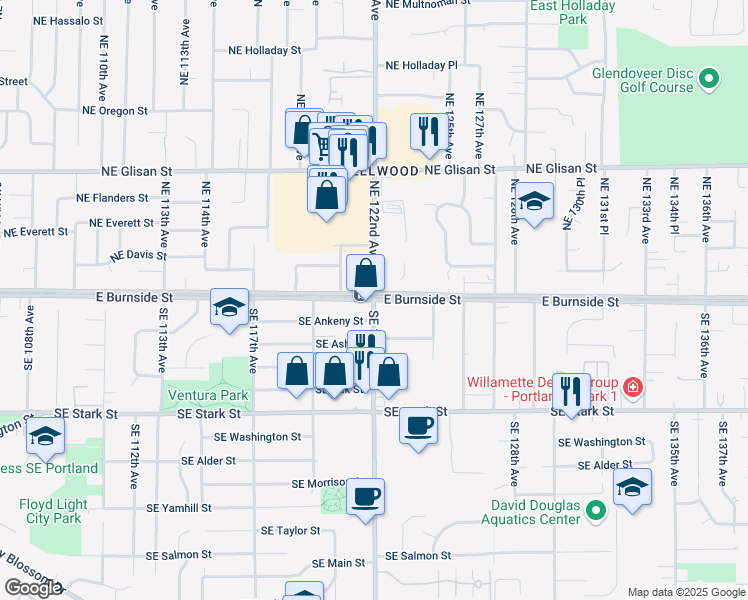 map of restaurants, bars, coffee shops, grocery stores, and more near E Burnside St & SE 122nd Ave in Portland