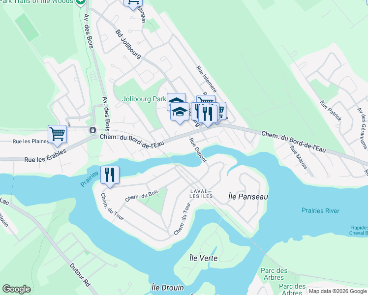 map of restaurants, bars, coffee shops, grocery stores, and more near 1296 Chemin du Bord-de-l'Eau in Laval