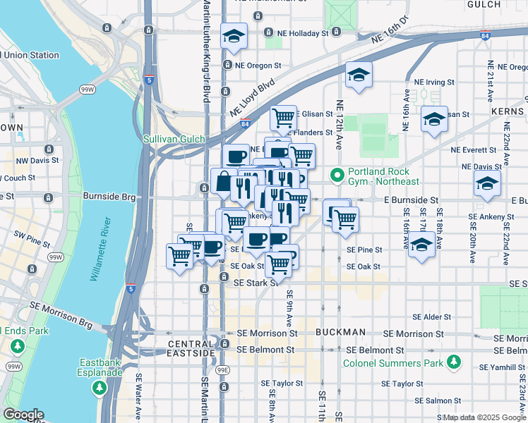 map of restaurants, bars, coffee shops, grocery stores, and more near 734-736 Southeast Ankeny Street in Portland