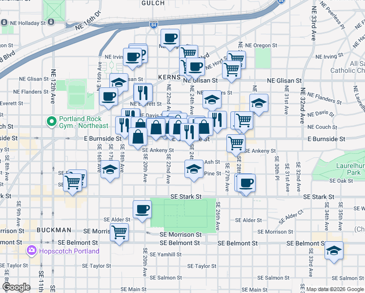 map of restaurants, bars, coffee shops, grocery stores, and more near 2311 Southeast Ankeny Street in Portland