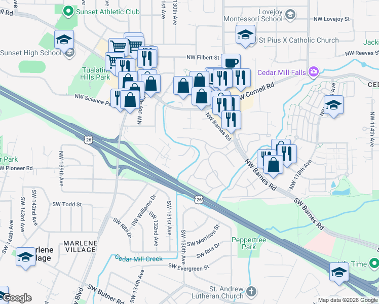 map of restaurants, bars, coffee shops, grocery stores, and more near 12612 Northwest Barnes Road in Portland