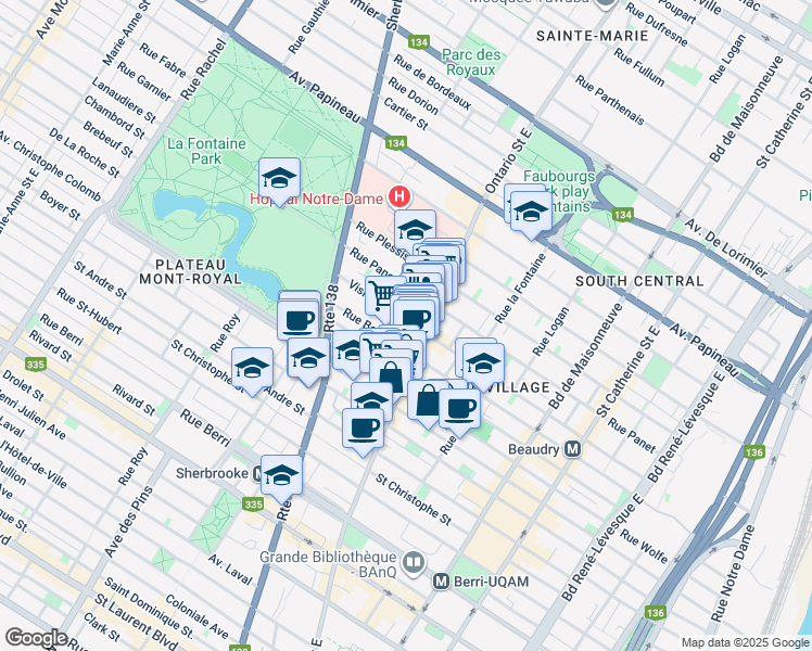 map of restaurants, bars, coffee shops, grocery stores, and more near 2040 Rue de la Visitation in Montréal