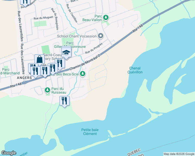 map of restaurants, bars, coffee shops, grocery stores, and more near 123 Rue Du Débusquage in Gatineau