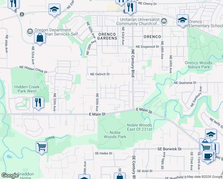 map of restaurants, bars, coffee shops, grocery stores, and more near 6222 Northeast Woodview Drive in Hillsboro