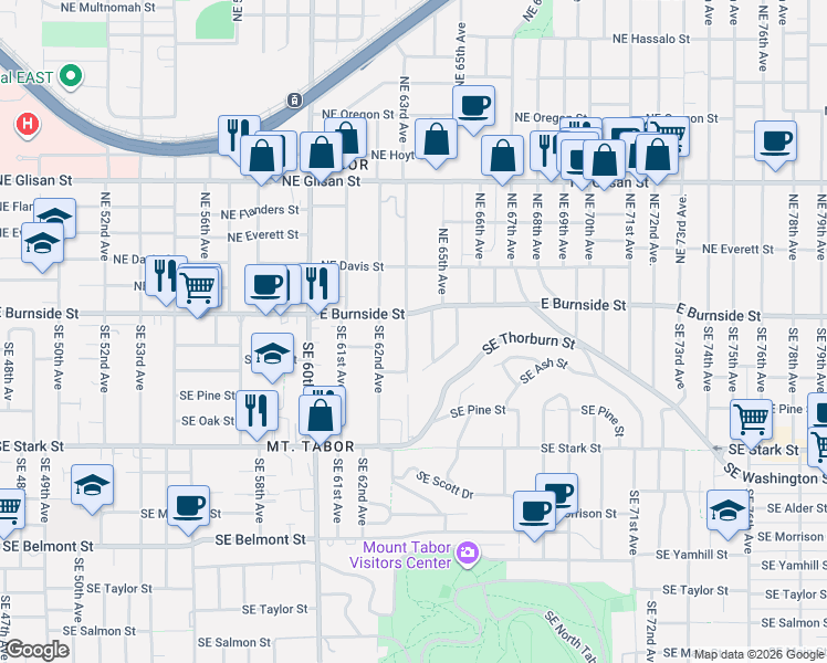 map of restaurants, bars, coffee shops, grocery stores, and more near 26 Southeast 63rd Avenue in Portland