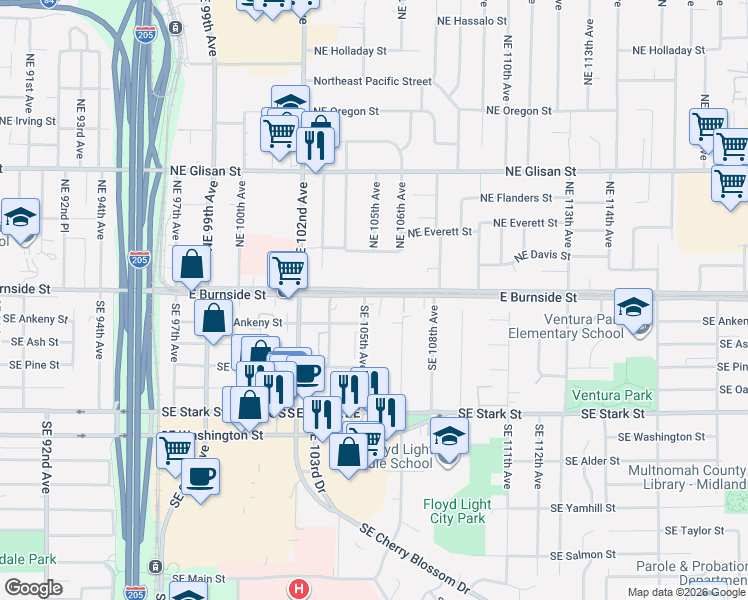 map of restaurants, bars, coffee shops, grocery stores, and more near 10548 East Burnside Street in Portland