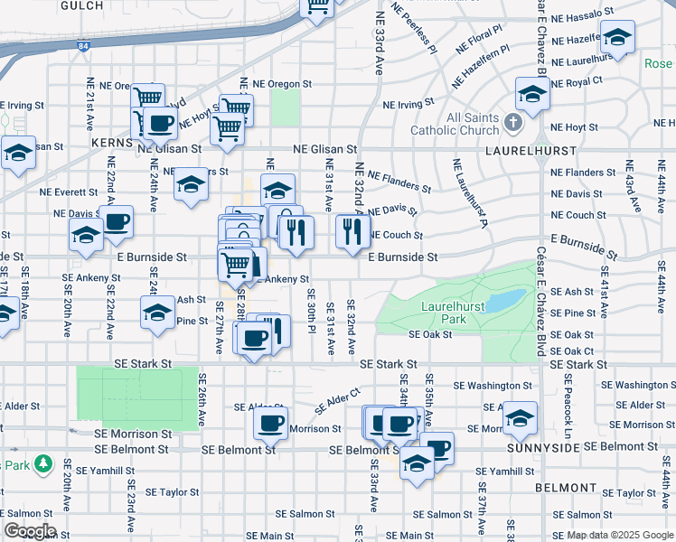 map of restaurants, bars, coffee shops, grocery stores, and more near 3126 Southeast Ankeny Street in Portland