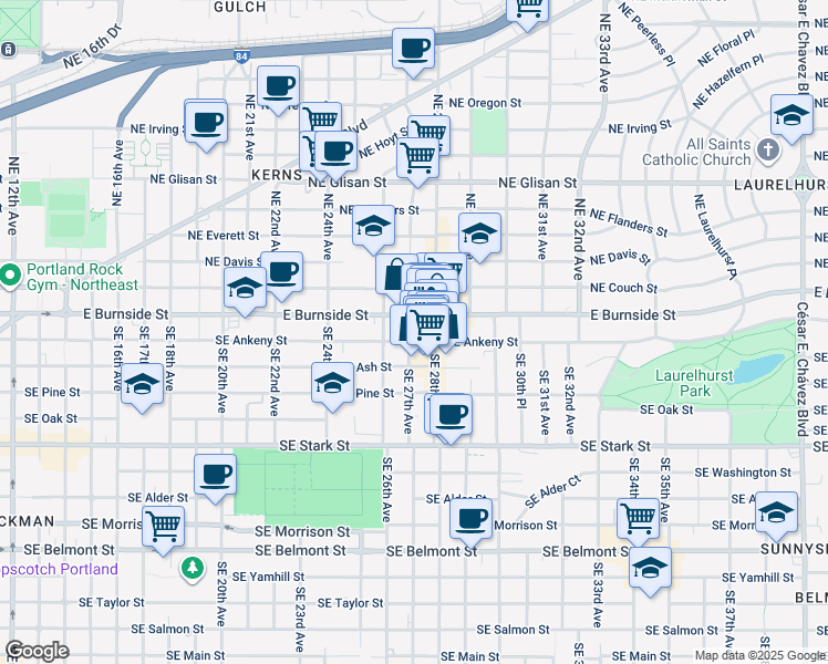 map of restaurants, bars, coffee shops, grocery stores, and more near 2640 Southeast Ankeny Street in Portland