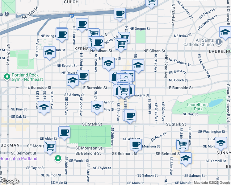 map of restaurants, bars, coffee shops, grocery stores, and more near 2640 Southeast Ankeny Street in Portland