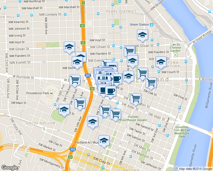 map of restaurants, bars, coffee shops, grocery stores, and more near 1205 Southwest Washington Street in Portland