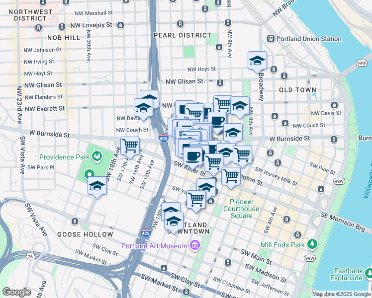 map of restaurants, bars, coffee shops, grocery stores, and more near 1205 Southwest Washington Street in Portland