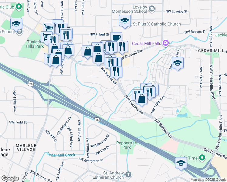 map of restaurants, bars, coffee shops, grocery stores, and more near 12368 Northwest Barnes Road in Portland