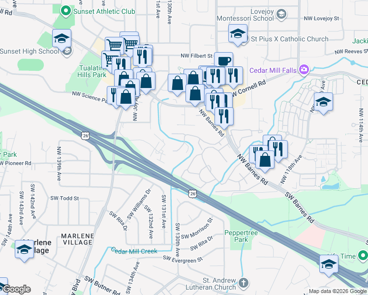 map of restaurants, bars, coffee shops, grocery stores, and more near 12612 Northwest Barnes Road in Portland