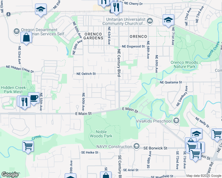 map of restaurants, bars, coffee shops, grocery stores, and more near 6411 Northeast Meadowgate Court in Hillsboro