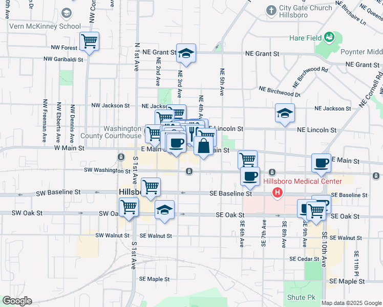 map of restaurants, bars, coffee shops, grocery stores, and more near in Hillsboro