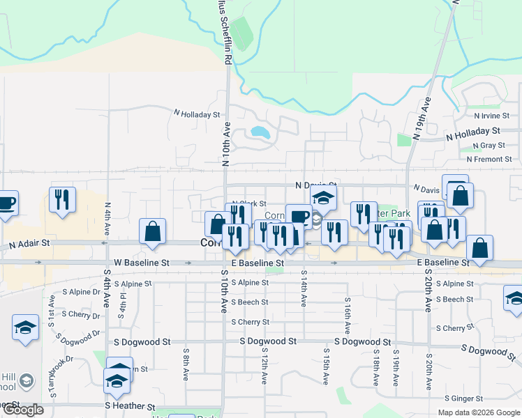 map of restaurants, bars, coffee shops, grocery stores, and more near 1950 South Alpine Street in Cornelius