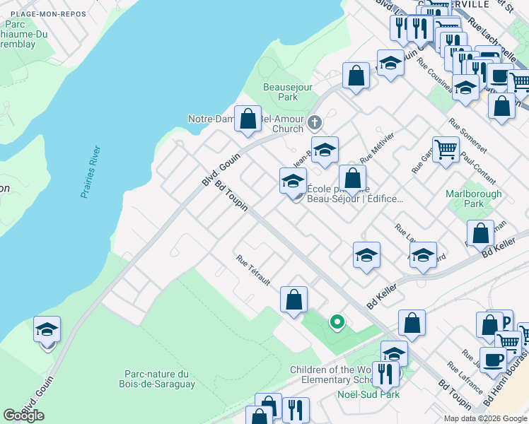 map of restaurants, bars, coffee shops, grocery stores, and more near 2725 Rue l'Heureux in Montréal