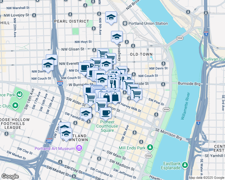 map of restaurants, bars, coffee shops, grocery stores, and more near 710 Southwest Oak Street in Portland
