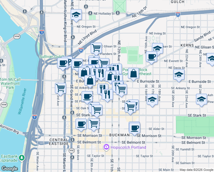 map of restaurants, bars, coffee shops, grocery stores, and more near 60 Southeast 10th Avenue in Portland