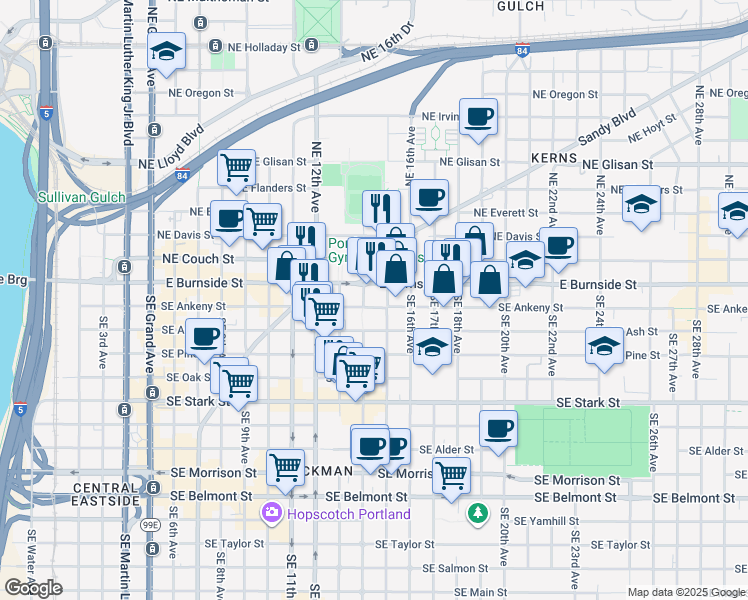 map of restaurants, bars, coffee shops, grocery stores, and more near 110 Southeast 15th Avenue in Portland