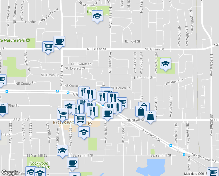 map of restaurants, bars, coffee shops, grocery stores, and more near SE 188th Ave & NE Couch Ln in Gresham