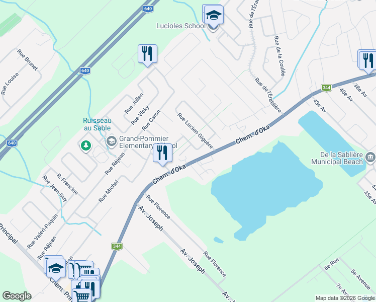 map of restaurants, bars, coffee shops, grocery stores, and more near 128 Place Henri-Rybicki in Saint-Joseph-du-Lac
