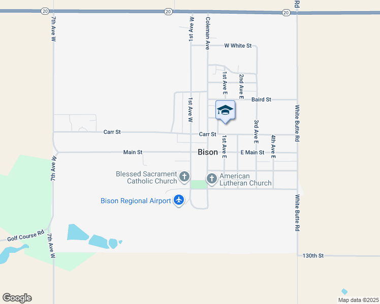 map of restaurants, bars, coffee shops, grocery stores, and more near 201 Main Street in Bison